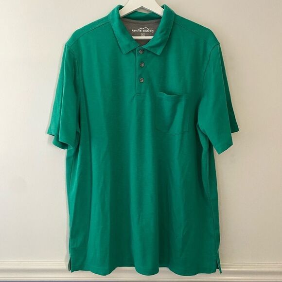 Eddie Bauer Polo Shirt Green Pocket Casual Solid Classic Soft Polyester Collar - Picture 1 of 9